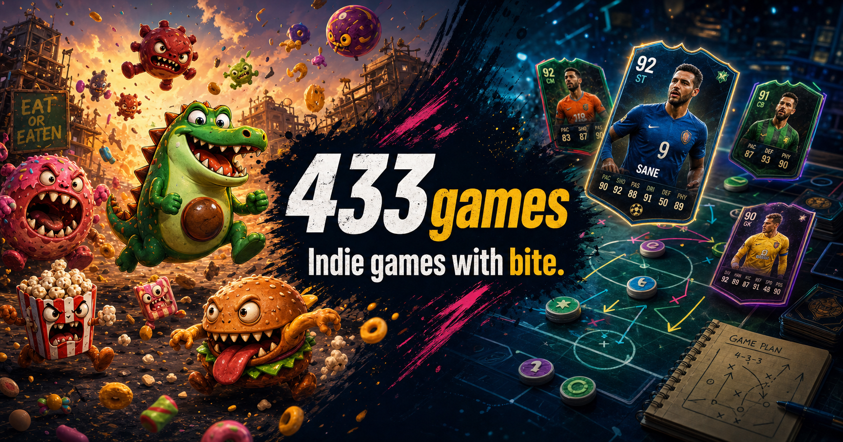 433games key art showing Snack Attack creatures and Pitch Battle Dominance cards